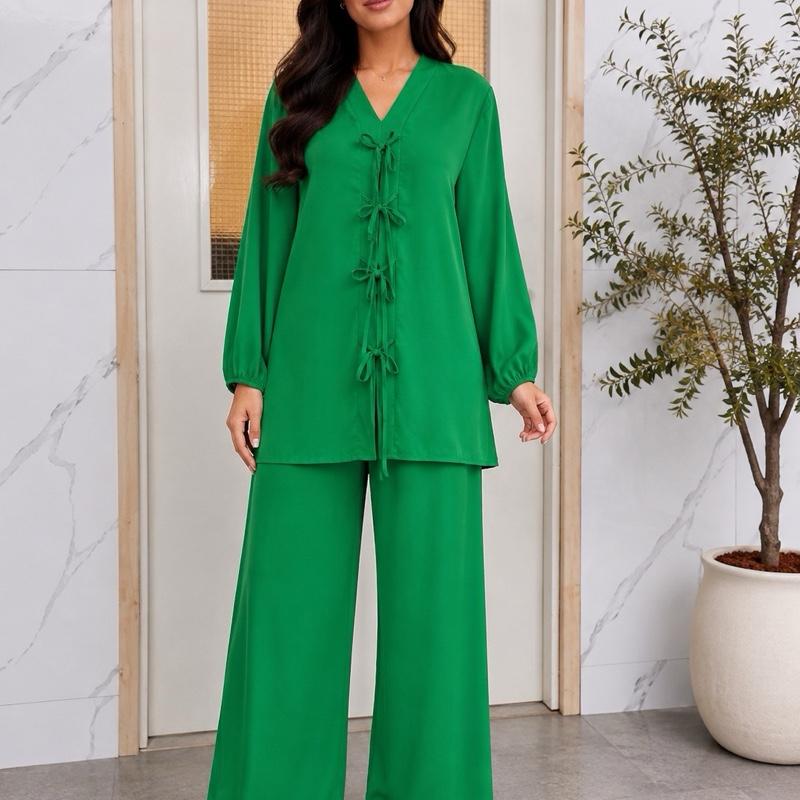 May Modesty Summer 2 pcs Co ord with 3 bow in front in soft MOROCCAN crepe satin in size sm to XXL AVAILABLE