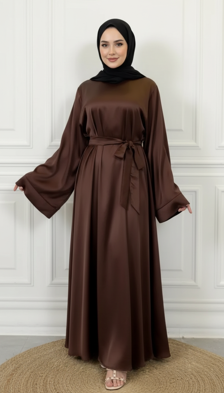 Dark Mocha Satin Abaya With Belt