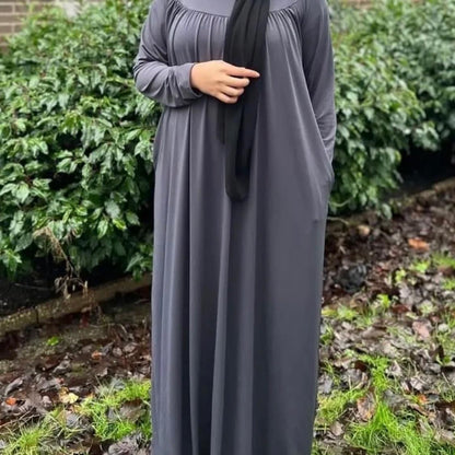 May modesty viral Pleated Gathered Abaya Long Dress Round Neck Elegant Stylish With  Pockets soft stretch jersey fabrics