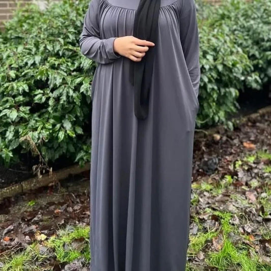 May modesty viral Pleated Gathered Abaya Long Dress Round Neck Elegant Stylish With  Pockets soft stretch jersey fabrics