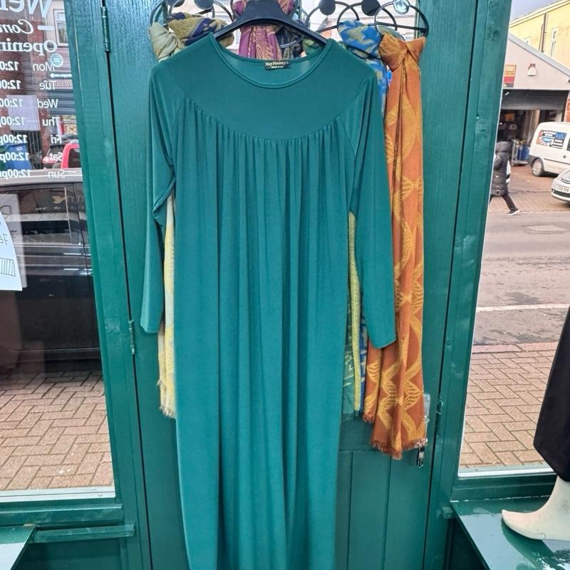 May modesty viral Pleated Gathered Abaya Long Dress Round Neck Elegant Stylish With  Pockets soft stretch jersey fabrics