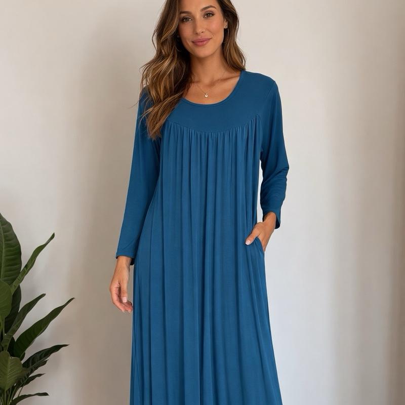 May modesty viral Pleated Gathered Abaya Long Dress Round Neck Elegant Stylish With  Pockets soft stretch jersey fabrics