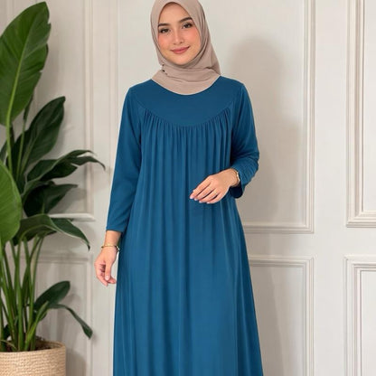 May modesty viral Pleated Gathered Abaya Long Dress Round Neck Elegant Stylish With  Pockets soft stretch jersey fabrics