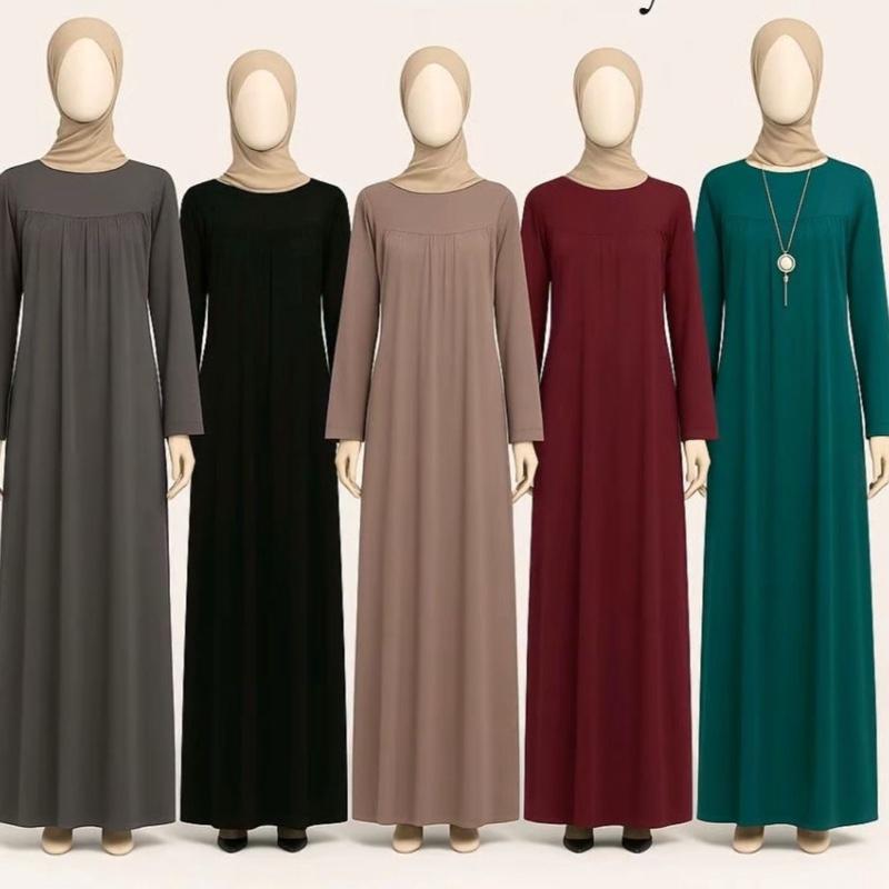 May modesty viral Pleated Gathered Abaya Long Dress Round Neck Elegant Stylish With  Pockets soft stretch jersey fabrics