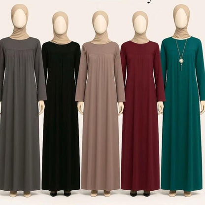 May modesty viral Pleated Gathered Abaya Long Dress Round Neck Elegant Stylish With  Pockets soft stretch jersey fabrics