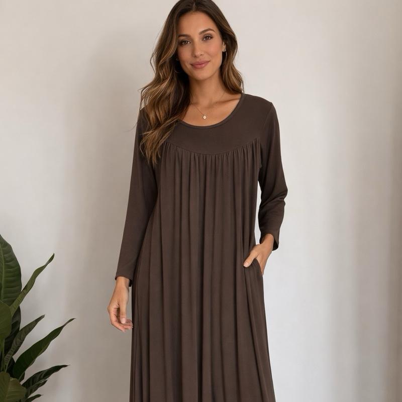 May modesty viral Pleated Gathered Abaya Long Dress Round Neck Elegant Stylish With  Pockets soft stretch jersey fabrics