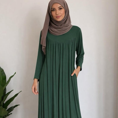 May modesty viral Pleated Gathered Abaya Long Dress Round Neck Elegant Stylish With  Pockets soft stretch jersey fabrics