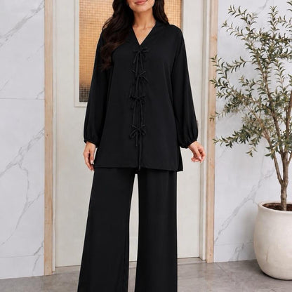 May Modesty Summer 2 pcs Co ord with 3 bow in front in soft MOROCCAN  crepe satin in size sm to XXL AVAILABLE