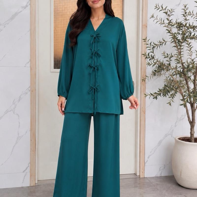 May Modesty Summer 2 pcs Co ord with 3 bow in front in soft MOROCCAN  crepe satin in size sm to XXL AVAILABLE