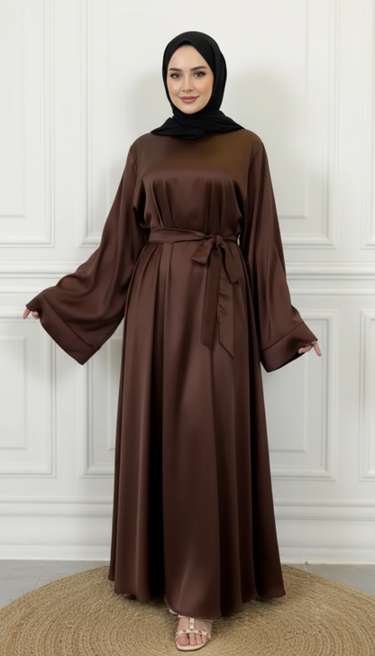 Dark Mocha Satin Abaya With Belt