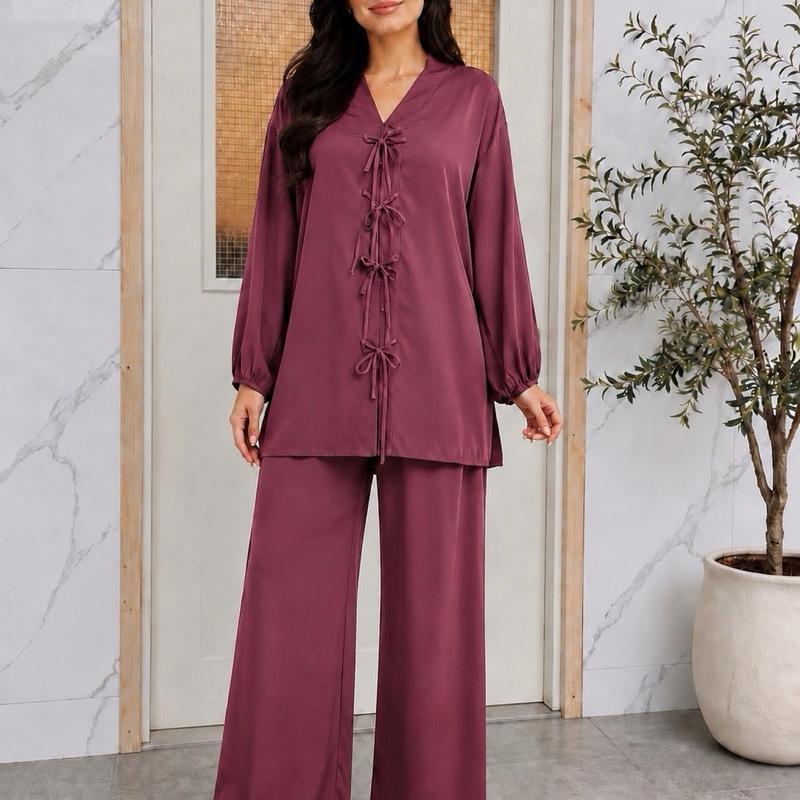 May Modesty Summer 2 pcs Co ord with 3 bow in front in soft MOROCCAN  crepe satin in size sm to XXL AVAILABLE