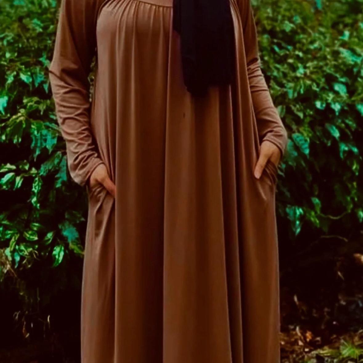 May modesty viral Pleated Gathered Abaya Long Dress Round Neck Elegant Stylish With  Pockets soft stretch jersey fabrics