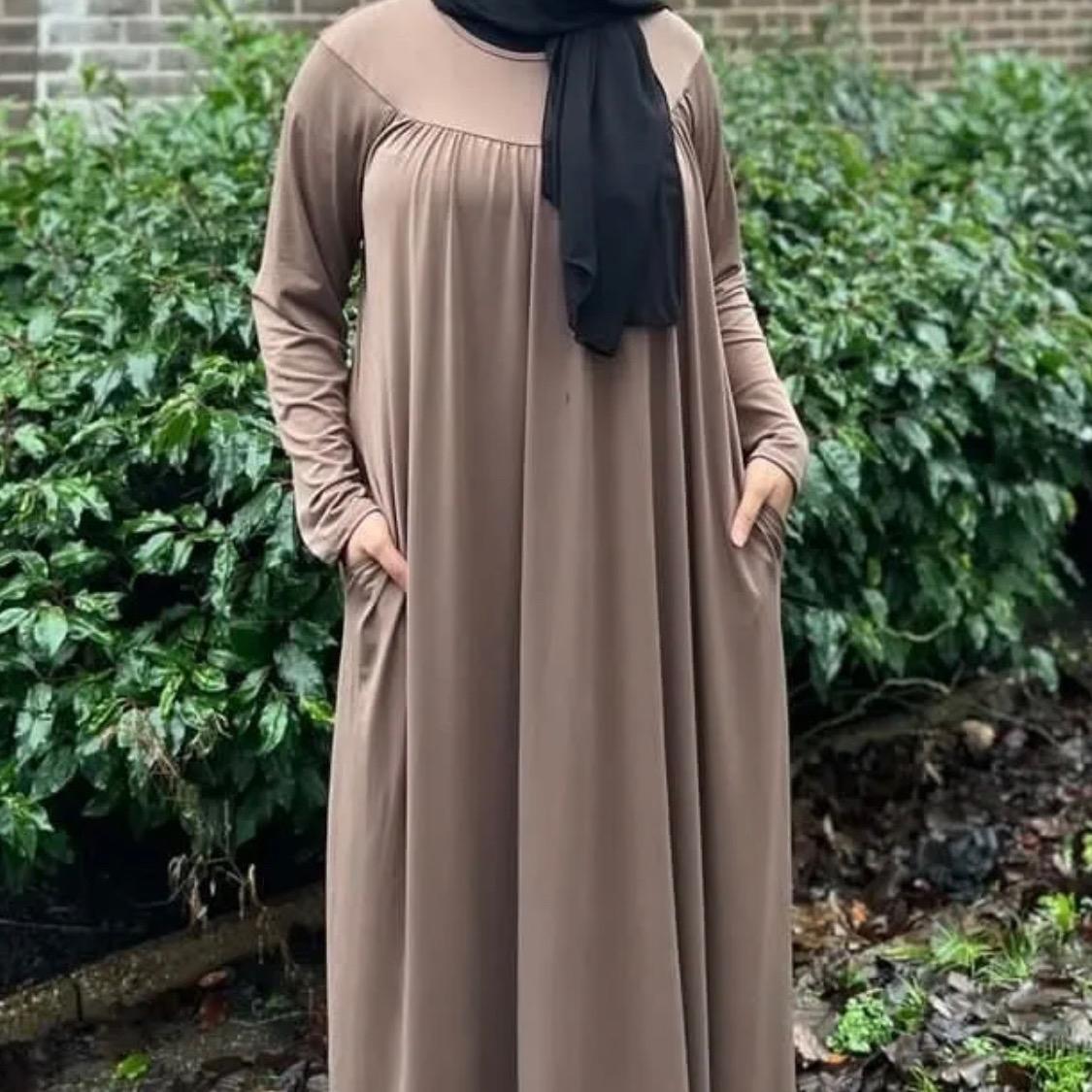 May modesty viral Pleated Gathered Abaya Long Dress Round Neck Elegant Stylish With  Pockets soft stretch jersey fabrics