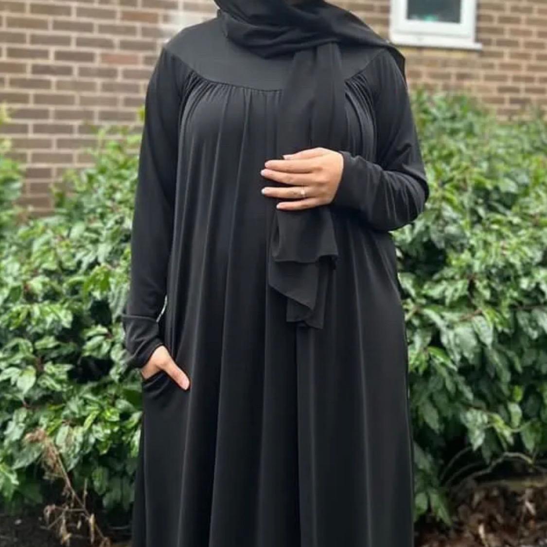 May modesty viral Pleated Gathered Abaya Long Dress Round Neck Elegant Stylish With  Pockets soft stretch jersey fabrics