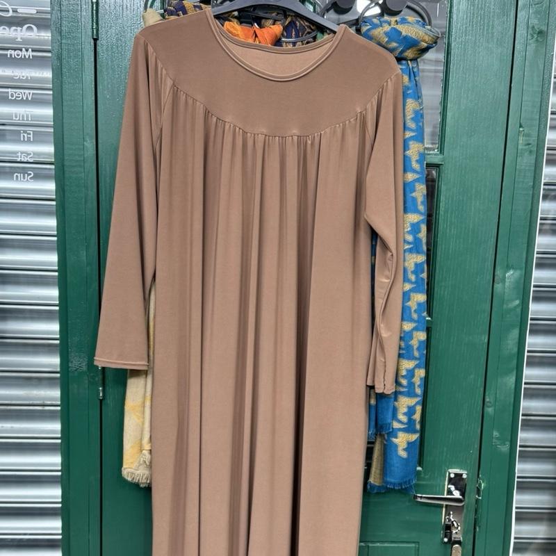 May modesty viral Pleated Gathered Abaya Long Dress Round Neck Elegant Stylish With  Pockets soft stretch jersey fabrics