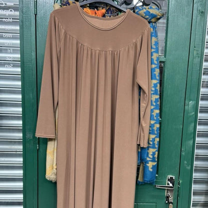 May modesty viral Pleated Gathered Abaya Long Dress Round Neck Elegant Stylish With  Pockets soft stretch jersey fabrics