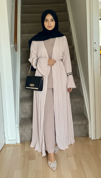 Pleated Open Robe With Sleeve Design In Blush