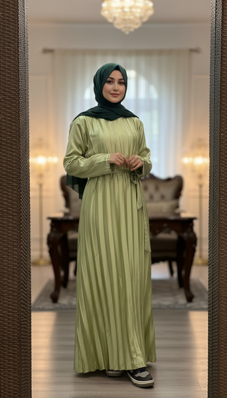 MAY Modesty high quality pleated soft satin maxi/abaya with belt and pockets
