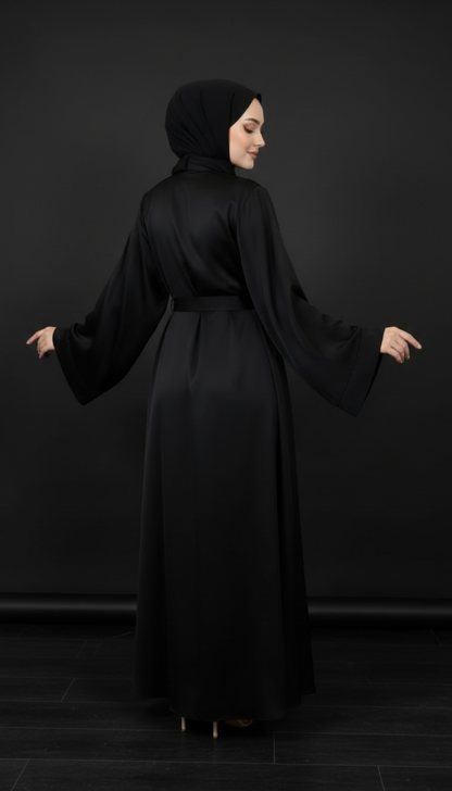 Black Satin Abaya With Belt