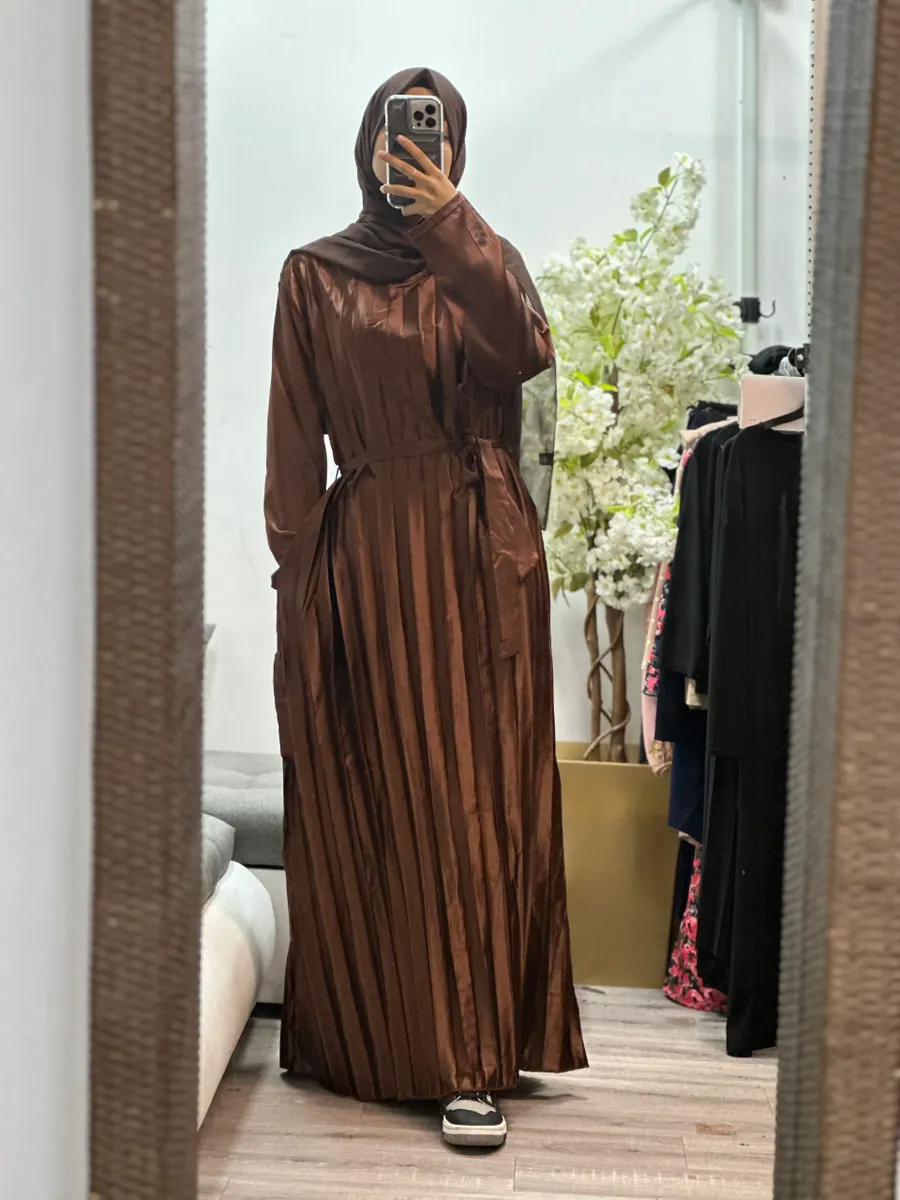 MAY Modesty high quality pleated soft satin maxi/abaya with belt and pockets