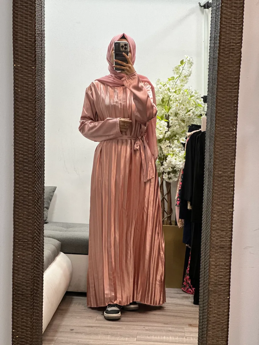 MAY Modesty high quality pleated soft satin maxi/abaya with belt and pockets