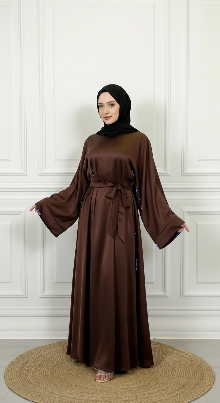 Dark Mocha Satin Abaya With Belt