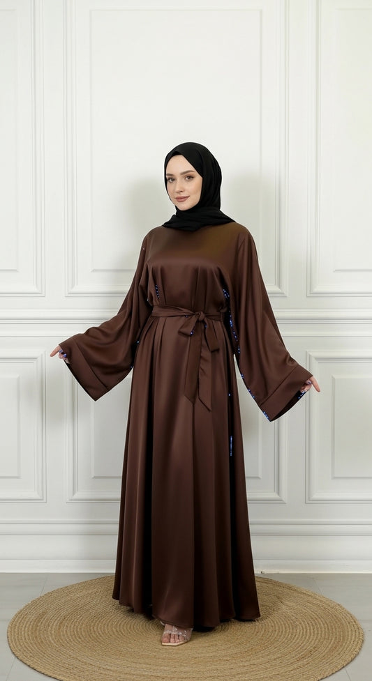 Dark Mocha Satin Abaya With Belt