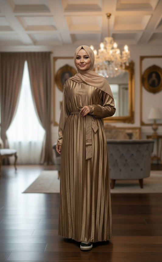 MAY Modesty high quality pleated soft satin maxi/abaya with belt and pockets